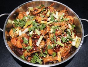 Spicy Stir-Fry with Scallions and Cilantro in Steel Pan